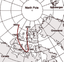 Die Wanderung des magnetischen Nordpols vom Jahre 1600 bis heute (2000)